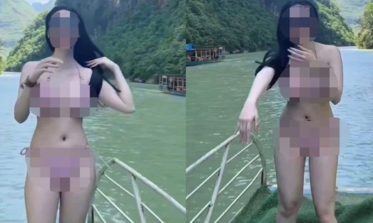 Nữ du khách diện trang phục bikini đi thuyền trên sông Nho Quế gây ý kiến trái chiều. Ảnh cắt từ clip.