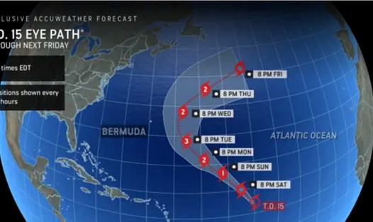 Dự báo đường đi của áp thấp nhiệt đới có thể trở thành bão Nigel đến ngày 22.9. Ảnh: AccuWeather