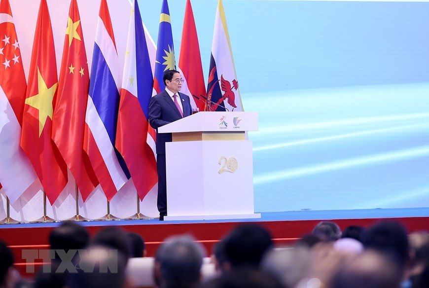Thủ tướng Phạm Minh Chính phát biểu tại lễ khai mạc CAEXPO và CABIS lần thứ 20 tại Nam Ninh, Trung Quốc. Ảnh: TTXVN