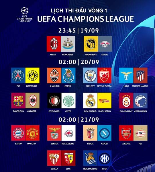 Lịch thi đấu lượt trận mở màn Champions League 2023-2024.  Ảnh: Truyền hình FPT