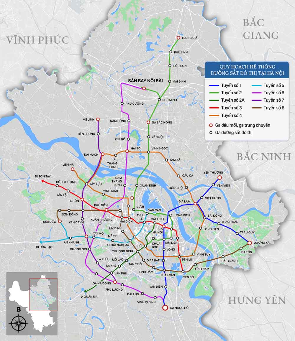 Quy hoạch đường sắt đô thị tại Hà Nội. Ảnh đồ họa: MRB