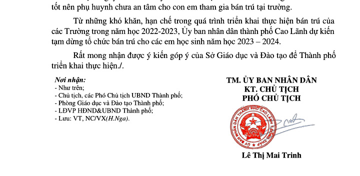 Một phần nội dung công văn liên quan đến việc tạm dừng tổ chức bán trú Trường Tiểu học ở TP Cao Lãnh. Ảnh: Lâm Điền