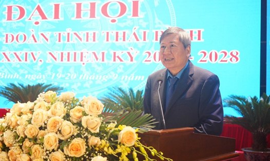 Phó Chủ tịch Thường trực Tổng LĐLĐ Việt Nam Trần Thanh Hải phát biểu tại Đại hội Công đoàn tỉnh Thái Bình sáng ngày 20.9. Ảnh: Lương Hà 