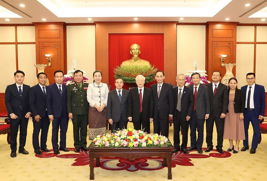Tổng Bí thư Nguyễn Phú Trọng chúc mừng những thành tựu quan trọng mà Lào giành được trong thời gian qua, khẳng định Việt Nam luôn ủng hộ công cuộc đổi mới của Lào. Ảnh: TTXVN