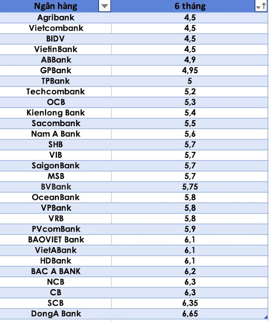 So sánh lãi suất ngân hàng cao nhất ở kỳ hạn 6 tháng. Đồ hoạ Trà My