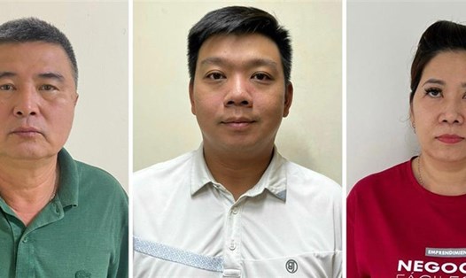 Các bị can Nguyễn Lộc An; Trần Trác Việt Đức; Đỗ Thị Tuyết Nga (từ trái qua) bị bắt tạm giam. Ảnh: BCA