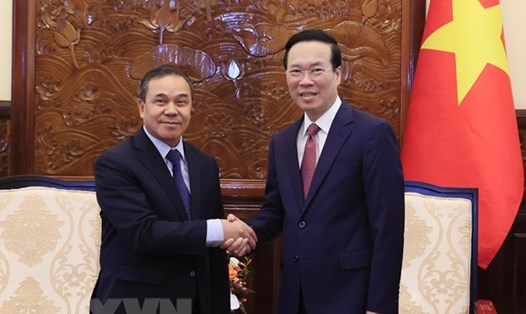 Chủ tịch nước Võ Văn Thưởng tiếp Đại sứ Lào Sengphet Houngboungnuang chào từ biệt kết thúc nhiệm kỳ công tác. Ảnh: TTXVN