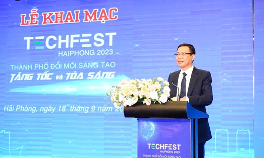Thứ trưởng Bộ KHCN - Lê Xuân Định phát biểu khai mạc Techfest Hải Phòng 2023. Ảnh: Mai Hà