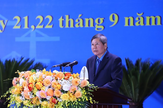 Ông Trần Thanh Hải, Phó Chủ tịch Thường trực Tổng Liên đoàn Lao động Việt Nam phát biểu tại Đại hội Công đoàn tỉnh Hoà Bình, nhiệm kỳ 2023 - 2028. Ảnh: Minh Thành