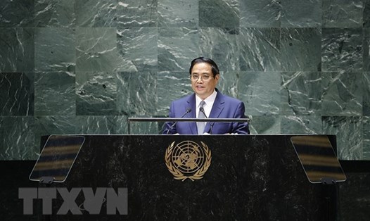 Thủ tướng Chính phủ Phạm Minh Chính phát biểu tại phiên thảo luận chung cấp cao Đại Hội đồng Liên Hợp Quốc khóa 78. Ảnh: TTXVN