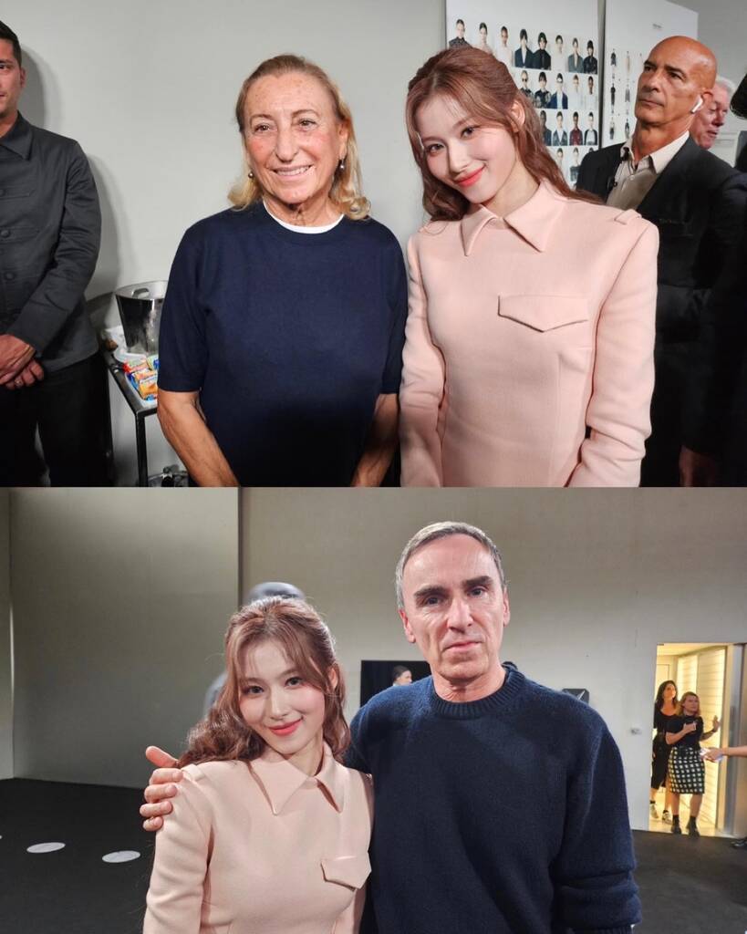 Sana được tiếp đón bởi nhà thiết kế Miuccia Prada và đồng Giám đốc sáng tạo Raf Simons của Prada. Ảnh: Instagram