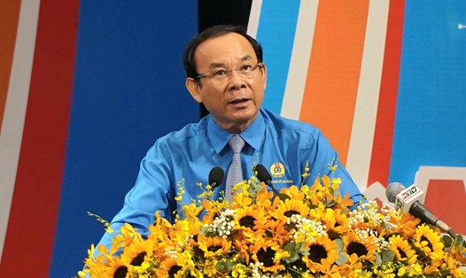 Ủy viên Bộ Chính trị, Bí thư Thành ủy TPHCM Nguyễn Văn Nên phát biểu tại phiên làm việc thứ 4 Đại hội Công đoàn TPHCM khóa XII. Ảnh: Chân Phúc