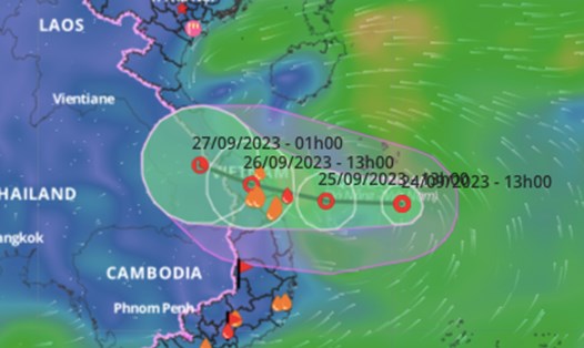 Vị trí và đường đi của áp thấp nhiệt đới lúc 20 giờ ngày 24.9. Ảnh: VNDMS.