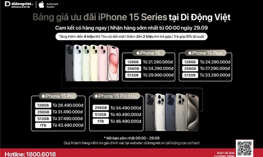 Bảng giá iPhone 15 series tại Di Động Việt. Ảnh: Di Động Việt