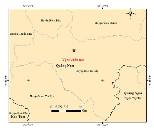 Bản đồ tâm chấn trận động đất xảy ra ngày 24.9 tại huyện Bắc Trà My. Ảnh Viện Vật lý địa cầu Việt Nam. 