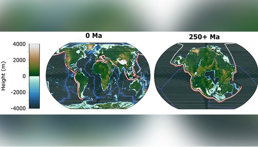 Hình ảnh này cho thấy địa lý của Trái đất ngày nay và địa lý dự kiến của Trái đất sau 250 triệu năm nữa, khi tất cả các lục địa hội tụ thành một siêu lục địa. Ảnh: Đại học Bristol