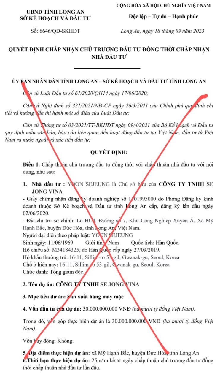 Hình ảnh Quyết định lan truyền trên mạng Internet được Sở Kế hoạch và Đầu tư Long An xác định là giả mạo. 