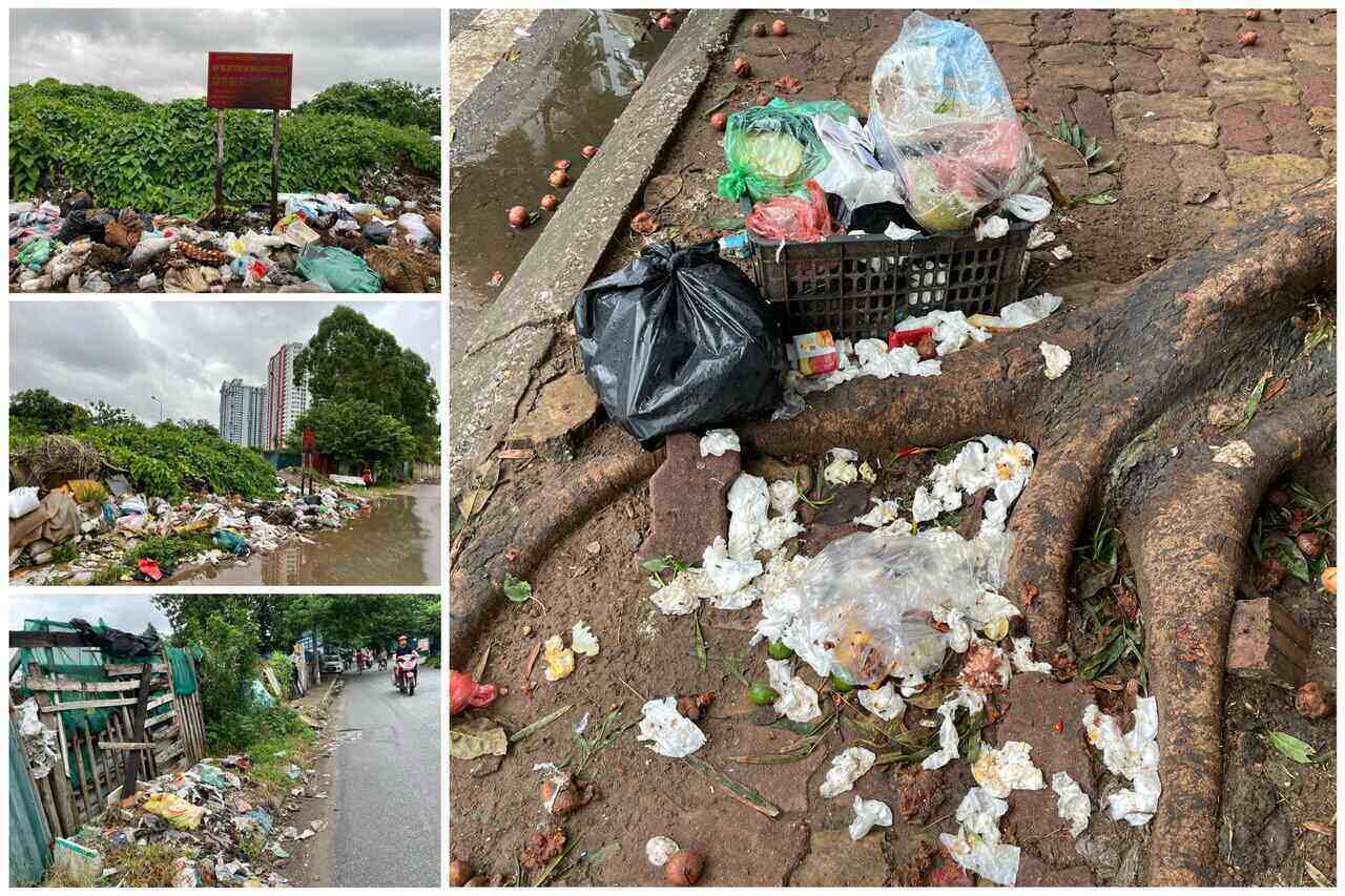 Nhiều khu vực trên địa bàn quận Hoàng Mai, rác vẫn được vứt bừa bãi dù có biển cấm khiến chuột bọ, ruồi muỗi có cơ hội sinh sôi, nảy nở. Ảnh: Khánh Linh