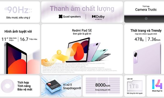 Xaomi Redmi Pad SE sở hữu những tính năng nổi bật, đã ra mắt và được bán tại thị trường Việt Nam. Ảnh: Xiaomi