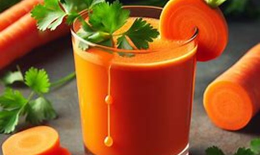 Uống nước ép từ cà rốt kết hợp với rau mùi sẽ giúp làn da của bạn khỏe mạnh và căng mịn. Ảnh AI - Ngọc Thùy