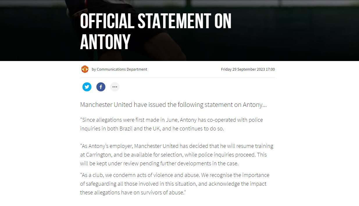 Thông báo chính thức về Antony được đăng trên trang chủ. Ảnh: Manchester United
