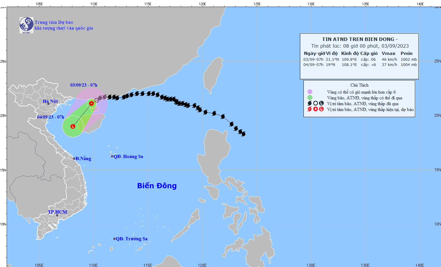 Bão số 3 đã suy yếu thành áp thấp nhiệt đới trong ngày 3.9. Nguồn: Trung tâm Dự báo KTTVQG.