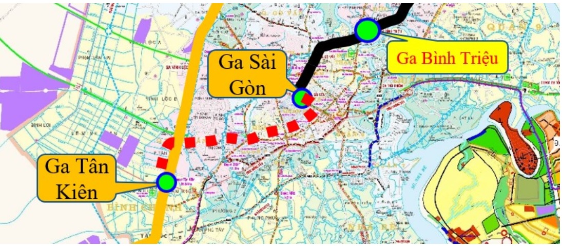 Hướng tuyến đường sắt Bình Triệu - Sài Gòn - Tân Kiên.   Đồ họa: Tedi