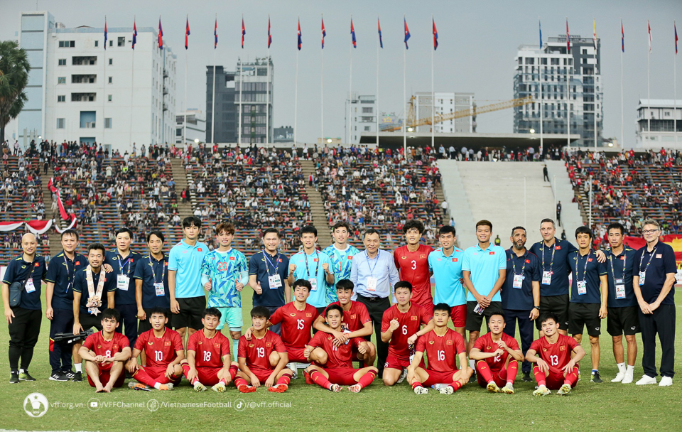 U23 Việt Nam sẽ sử dụng lứa cầu thủ nòng cốt từng tham dự SEA Games 32 và bổ sung thêm 10 nhà vô địch U23 Đông Nam Á 2023. Ảnh: VFF