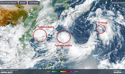 Vị trí ba cơn bão ở Tây Thái Bình Dương: Bão Saola, Haikui và Kirogi, chiều 2.9.2023. Ảnh: Himawari Satellite