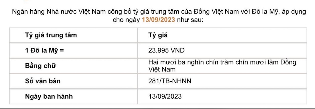 Tỷ giá trung tâm do Ngân hàng Nhà nước công bố