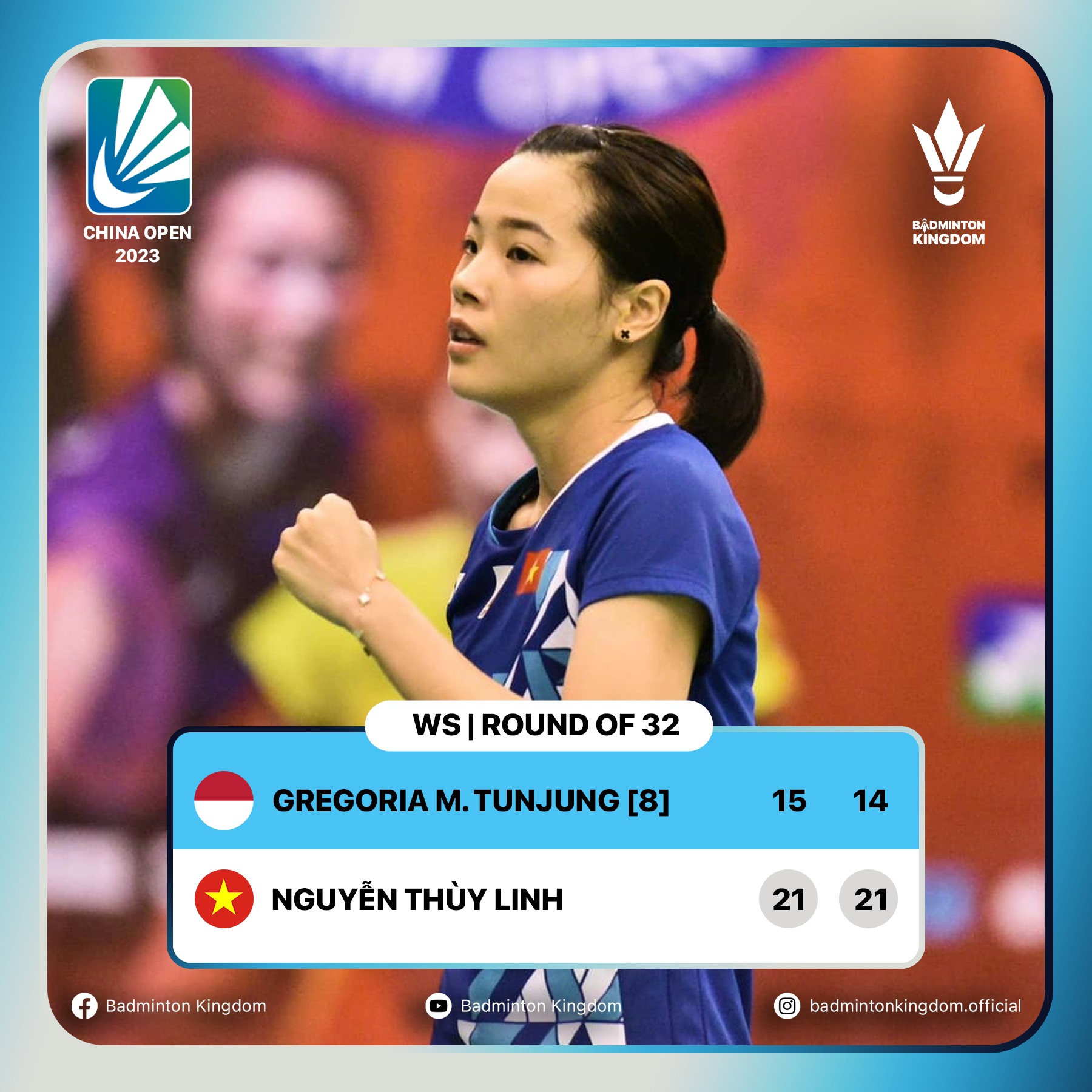Nguyễn Thuỳ Linh đánh bại đối thủ người Indonesia tại vòng 1 giải China Open 2023. Ảnh: Badminton Kingdom