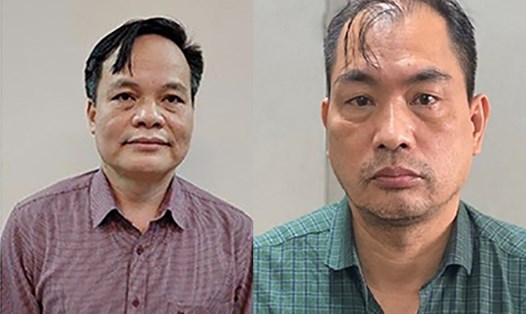 Hai cựu Giám đốc CDC Bắc Giang và Hải Dương - Lâm Văn Tuấn và Phạm Duy Tuyến (từ trái qua) bị cáo buộc nhận tiền trong đại án Việt Á. Ảnh: BCA