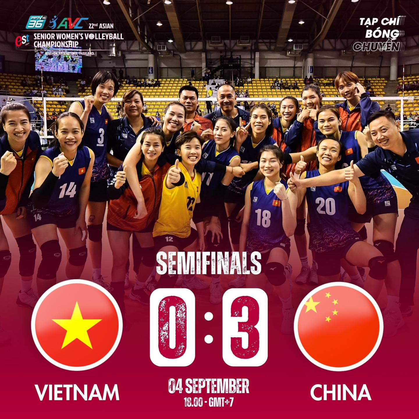 Bóng chuyền nữ Việt Nam thua 0-3 trước Trung Quốc ở bán kết giải vô địch châu Á 2023. Ảnh: VFV