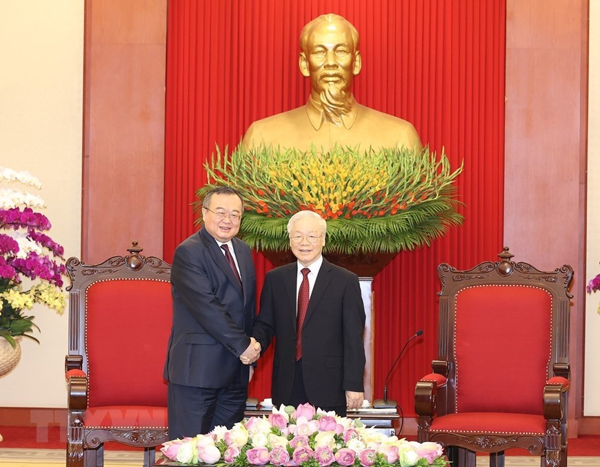 Tổng Bí thư Nguyễn Phú Trọng tiếp Trưởng Ban Liên lạc Đối ngoại Trung ương Đảng Cộng sản Trung Quốc Lưu Kiến Siêu. Ảnh: TTXVN