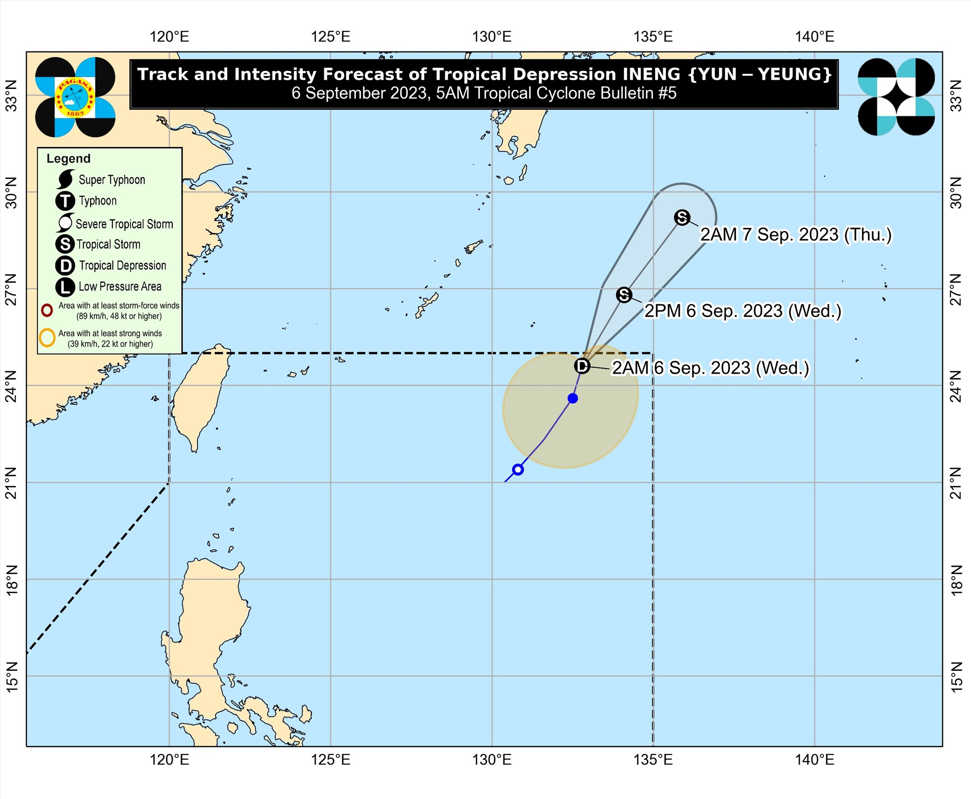 Dự báo đường đi của áp thấp nhiệt đới Ineng vào hồi 5h ngày 6.9.2023. Ảnh: PASAGA
