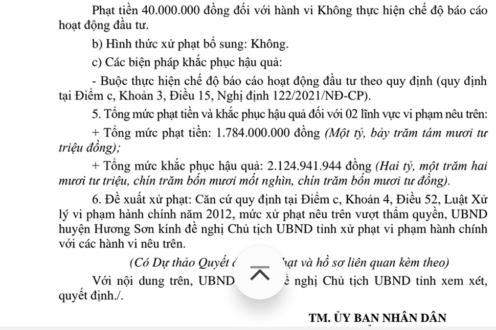 Văn bản mà UBND huyện Hương Sơn đề nghị xử phạt Công ty Cổ phần Bất động sản HANO-VID. Ảnh: Trần Tuấn.