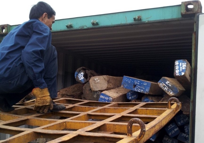 Một phần lô gỗ trắc được làm thủ tục xuất khẩu vào tháng 12.2011 của Công ty TNHH MTV Ngọc Hưng. Ảnh: TT.