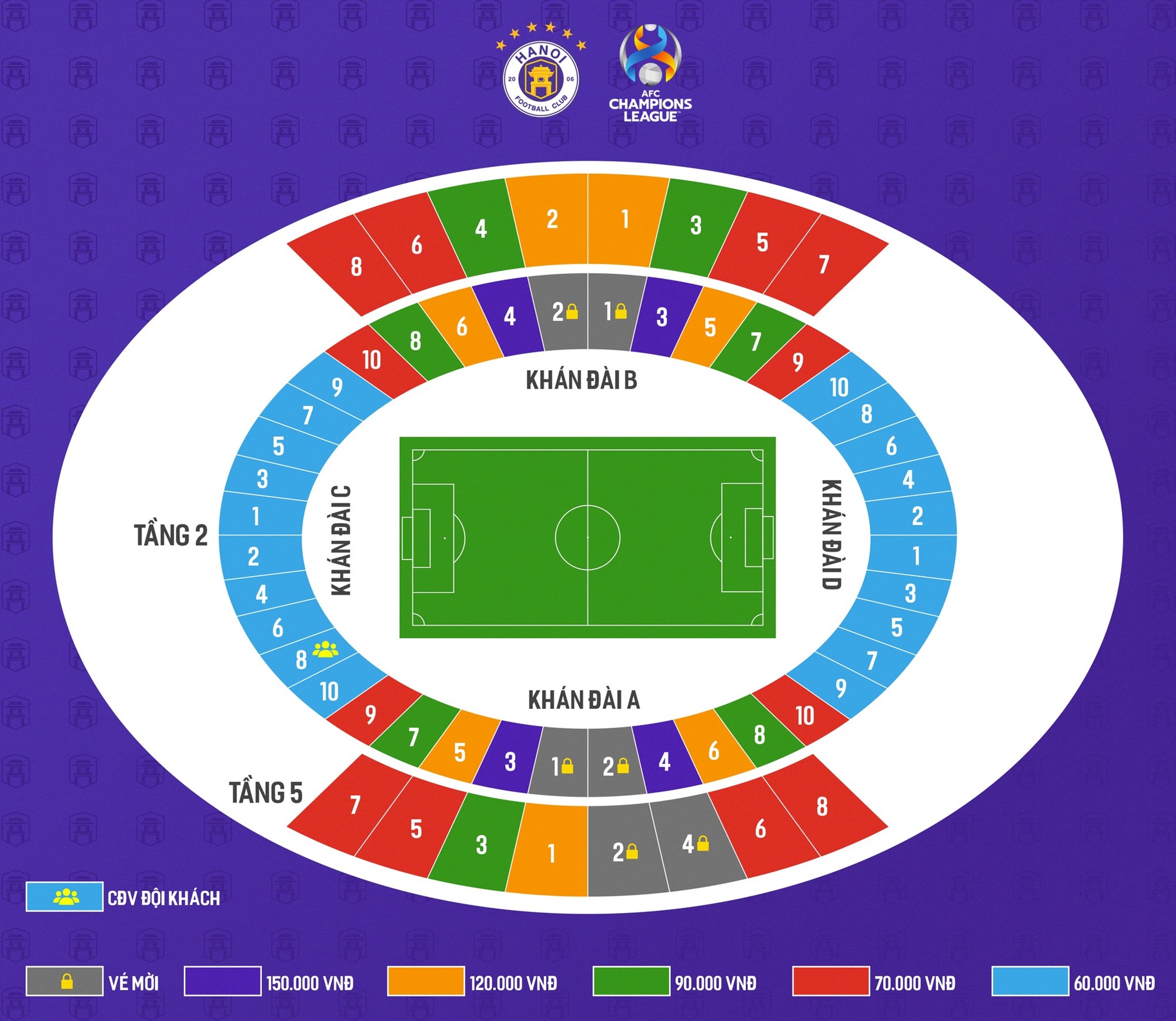 Sơ đồ các khán đài và giá vé tại AFC Champions League 2023-2024. Ảnh: Hà Nội FC