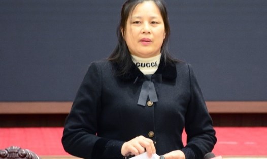 Phó Chủ tịch UBND huyện Ứng Hòa Hoàng Thị Vân Anh tại một hội nghị tổ chức năm 2020. Ảnh: dangcongsan.vn

