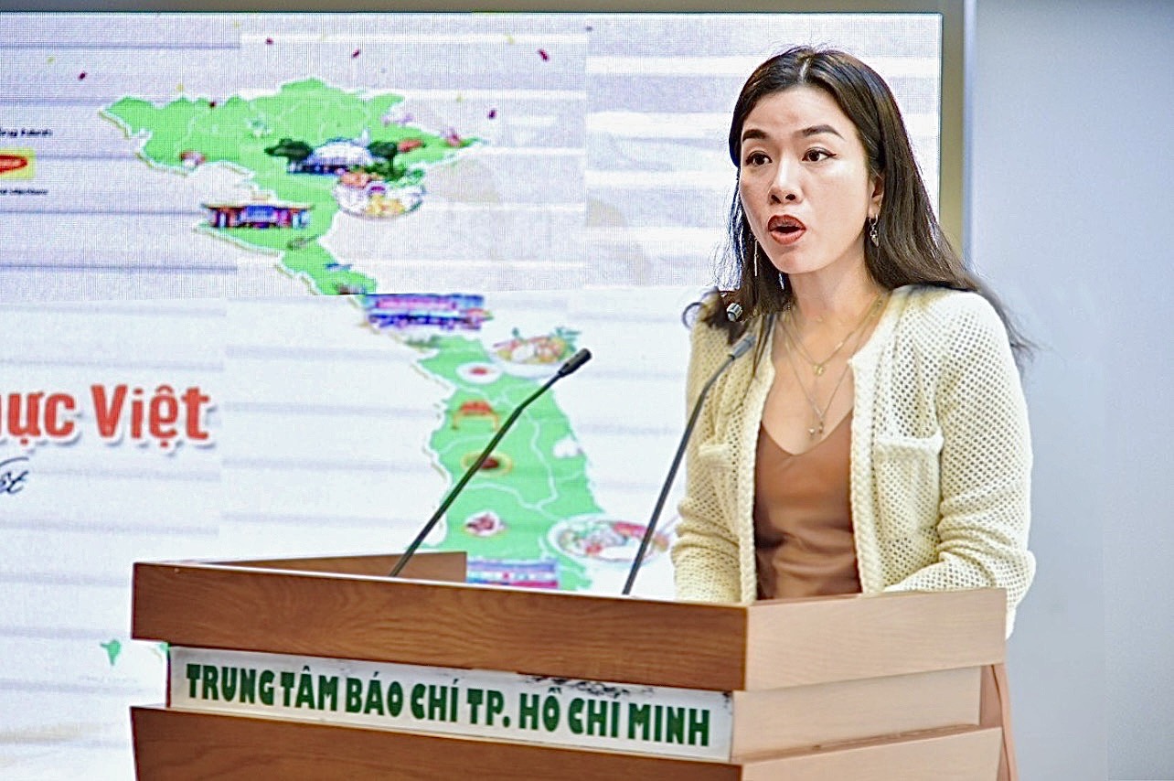 Bà Lê Bùi Thị Mai Uyên - Giám đốc ngành hàng thực phẩm công ty Nestlé Việt Nam phát biểu tại buổi họp báo giới thiệu lễ hội “Rạng danh văn hóa ẩm thực Việt” ngày 29_08_2023. Ảnh: Maggie