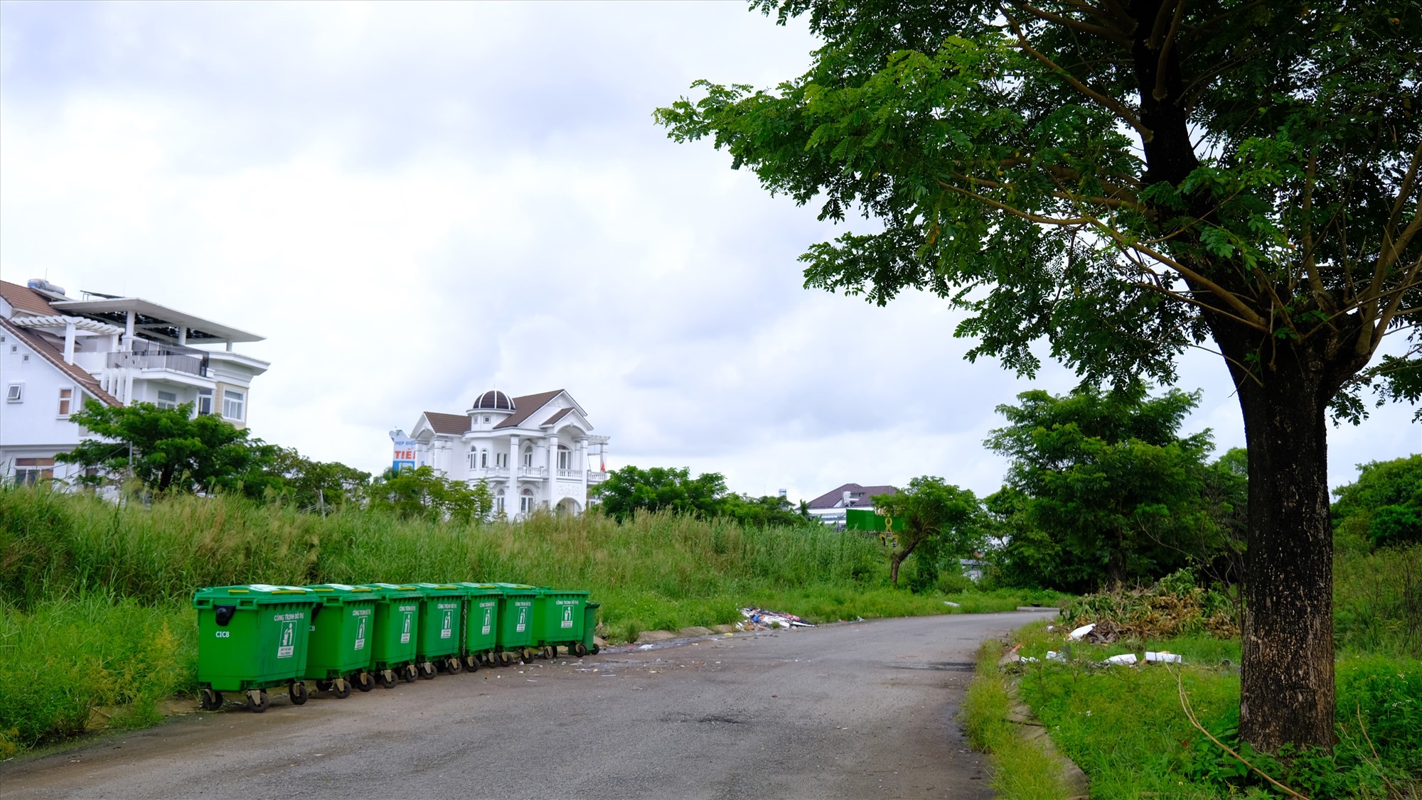 Thùng rác để hàng dài ngay khu dân cư khiến nơi đây trở thành điểm tập kết rác. (Quang cảnh nhìn từ nhà bà Hương). Ảnh: Phong Linh 