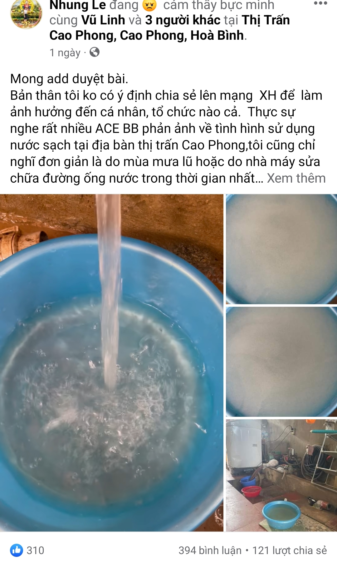 Nhiều người dân ở thị trấn Cao Phong bức xúc, đăng lên mạng xã hội về tình trạng nước sạch có mùi, màu vàng, đục. Ảnh: Minh Nguyễn.