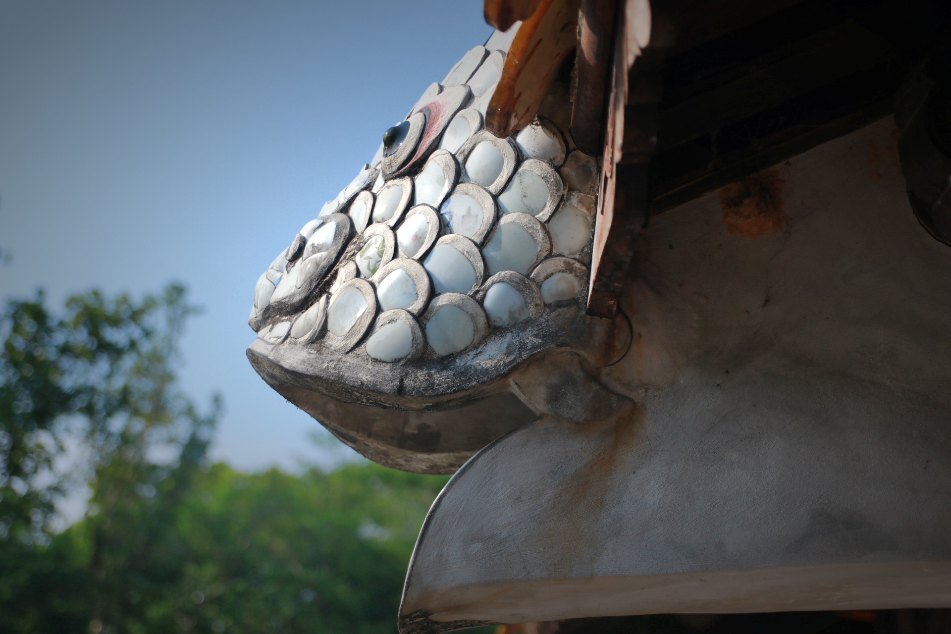 Máng xối nước mưa hình tượng cá chép hóa rồng có ở trên mái Xung Khiêm Tạ - lăng Tự Đức.