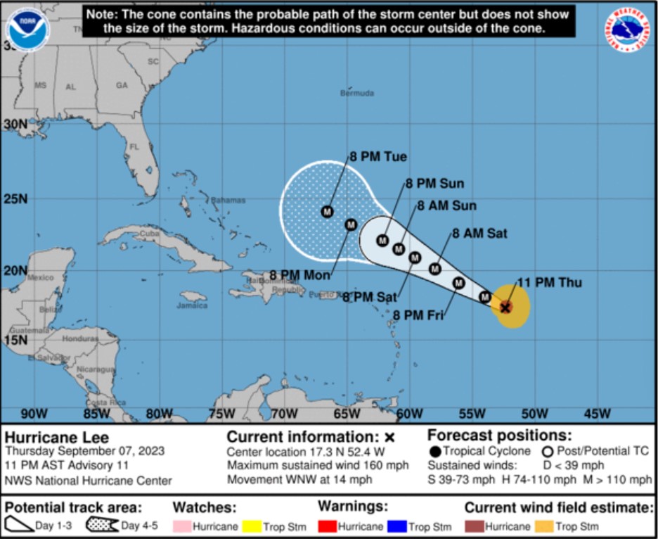 Dự báo đường đi của bão Lee. Ảnh: NOAA