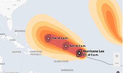 Dự báo đường đi của bão Lee - cơn bão cực mạnh đang hoạt động ở Đại Tây Dương. Ảnh: NHC