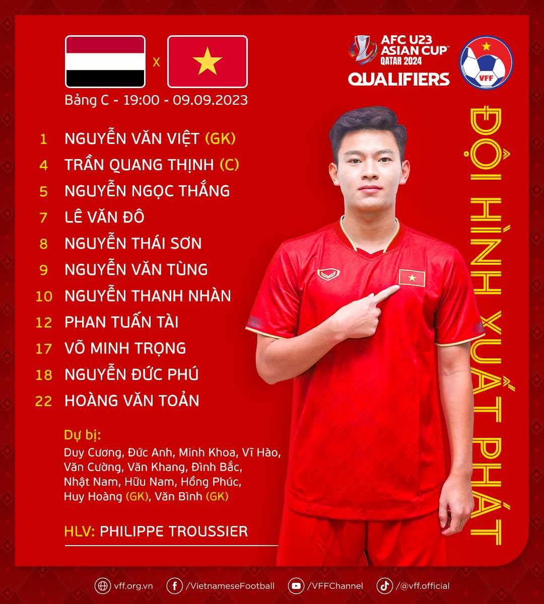 Đội hình xuất phát của U23 Việt Nam. Ảnh: VFF