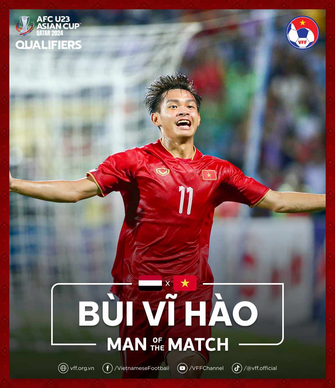 Tiền đạo Bùi Vĩ Hào là cầu thủ xuất sắc nhất trận đấu giữa U23 Việt Nam với U23 Yemen. Ảnh: VFF