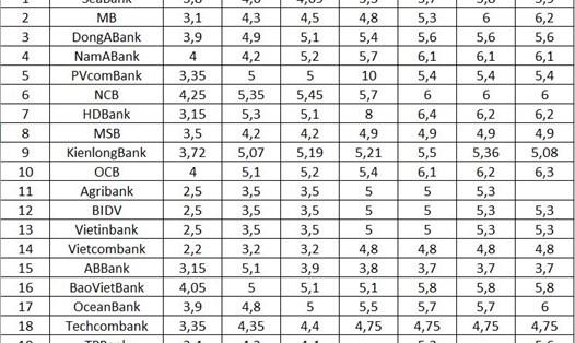 Bảng cập nhật biểu lãi suất ngân hàng đầu năm 2024. Đơn vị tính: %/năm. Đồ hoạ: Minh Huy

