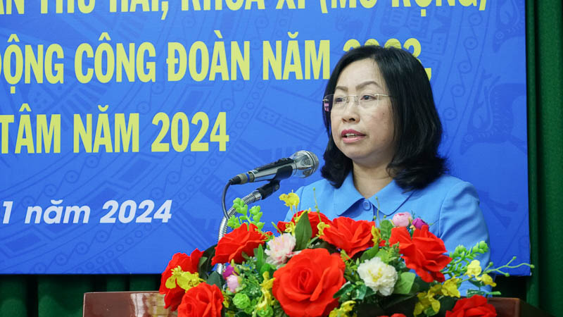 Phó Chủ tịch Tổng LĐLĐ Việt Nam Thái Thu Xương phát biểu tại Hội nghị. Ảnh: Phương Anh