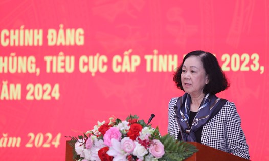 Bà Trương Thị Mai - Ủy viên Bộ Chính trị, Thường trực Ban Bí thư, Trưởng Ban Tổ chức Trung ương - phát biểu tại hội nghị. Ảnh: Đặng Phước
